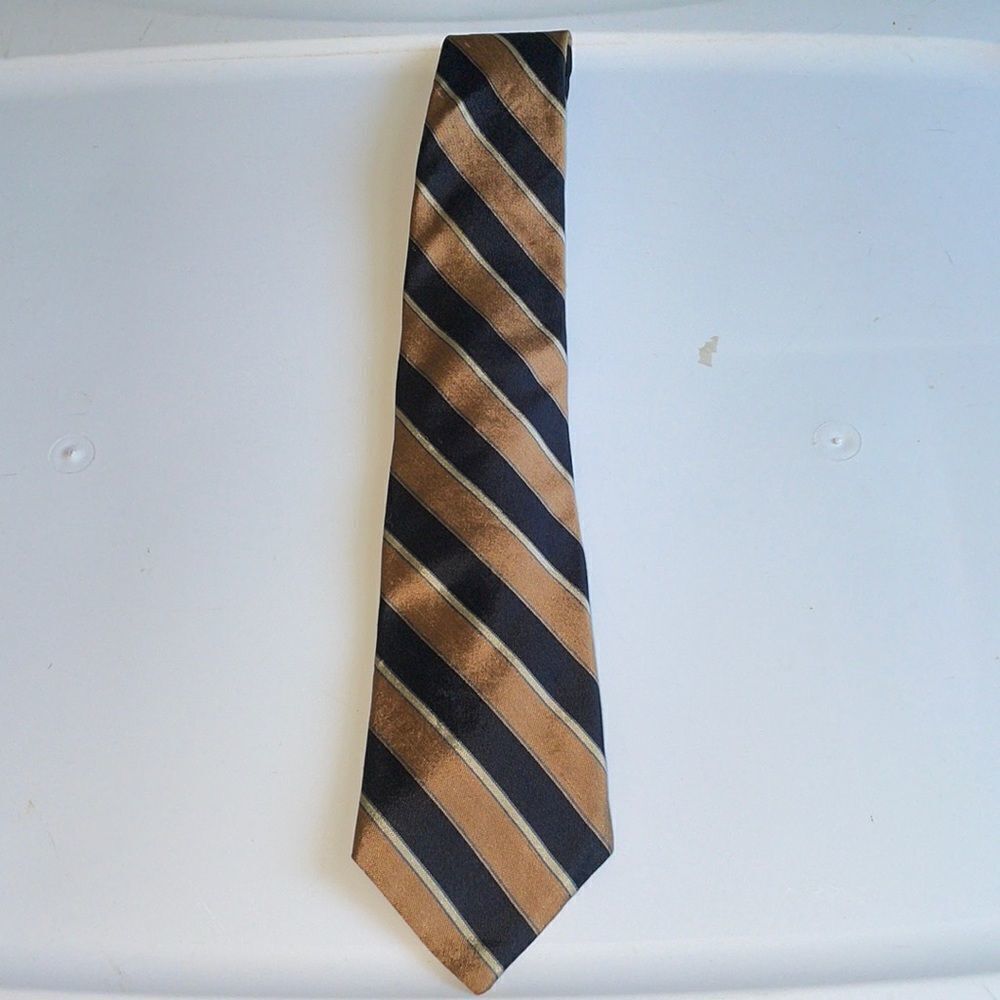 VtgΒ 70s navy blue, goldβ& white stripedβ silkβtie